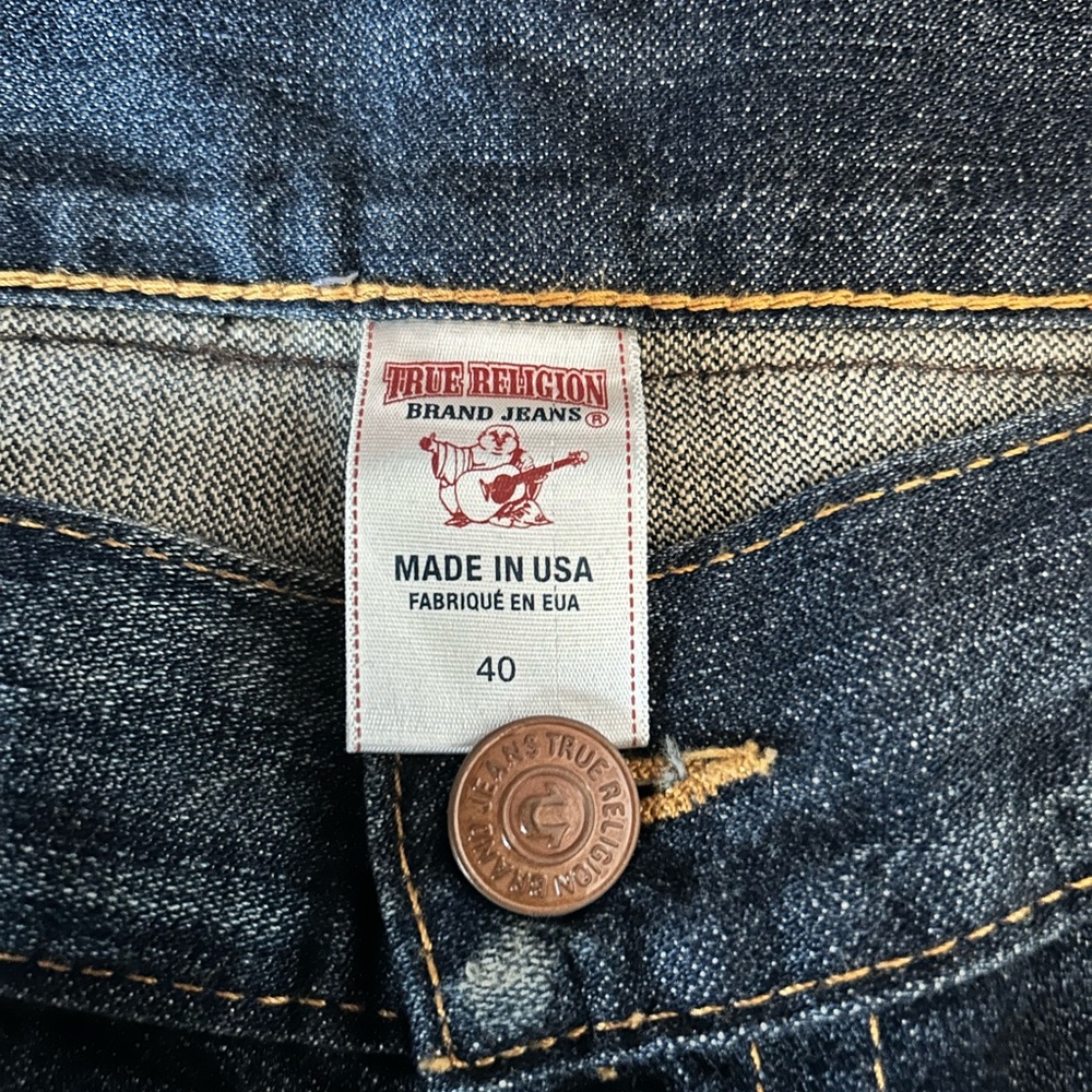 True Religion Men's Straight Jeans - Dark Blue with Brown Leather Accents - Picture 5 of 5